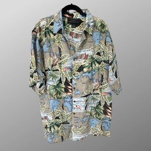Silk Traders, 100% Silk Green and Blue Casual Button Down Shirt with Relaxed Fit